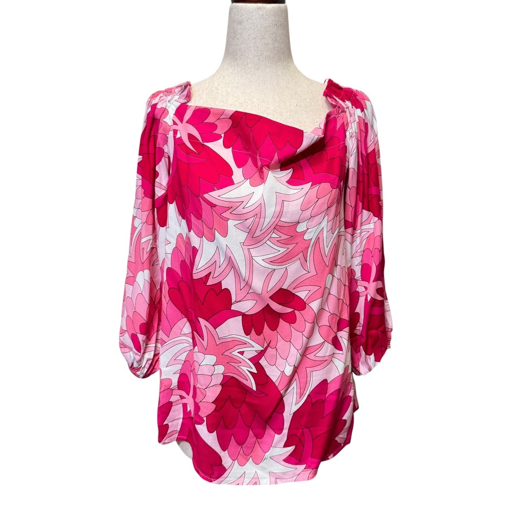 Trina Turk Equinox 2 Top Size S Pink Floral Cowl Neck Resort Blouse Travel